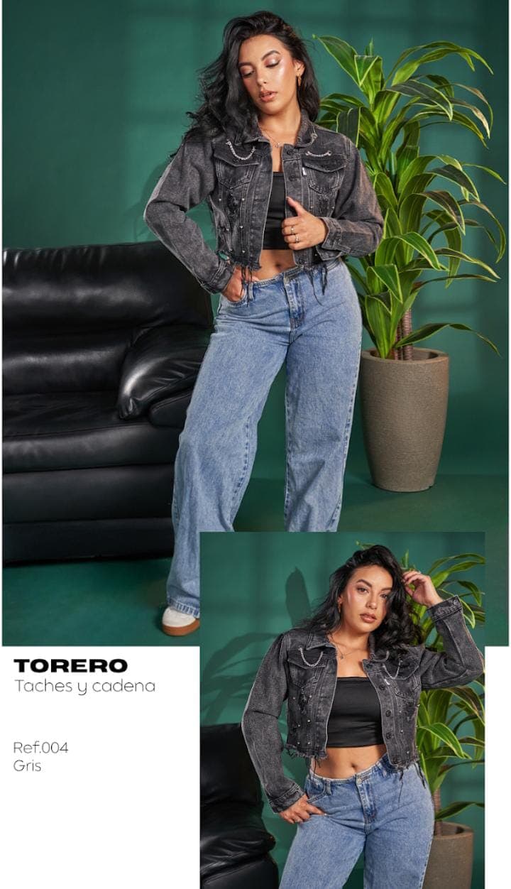 CHAQUETA JEANS TACHES Y CADENA